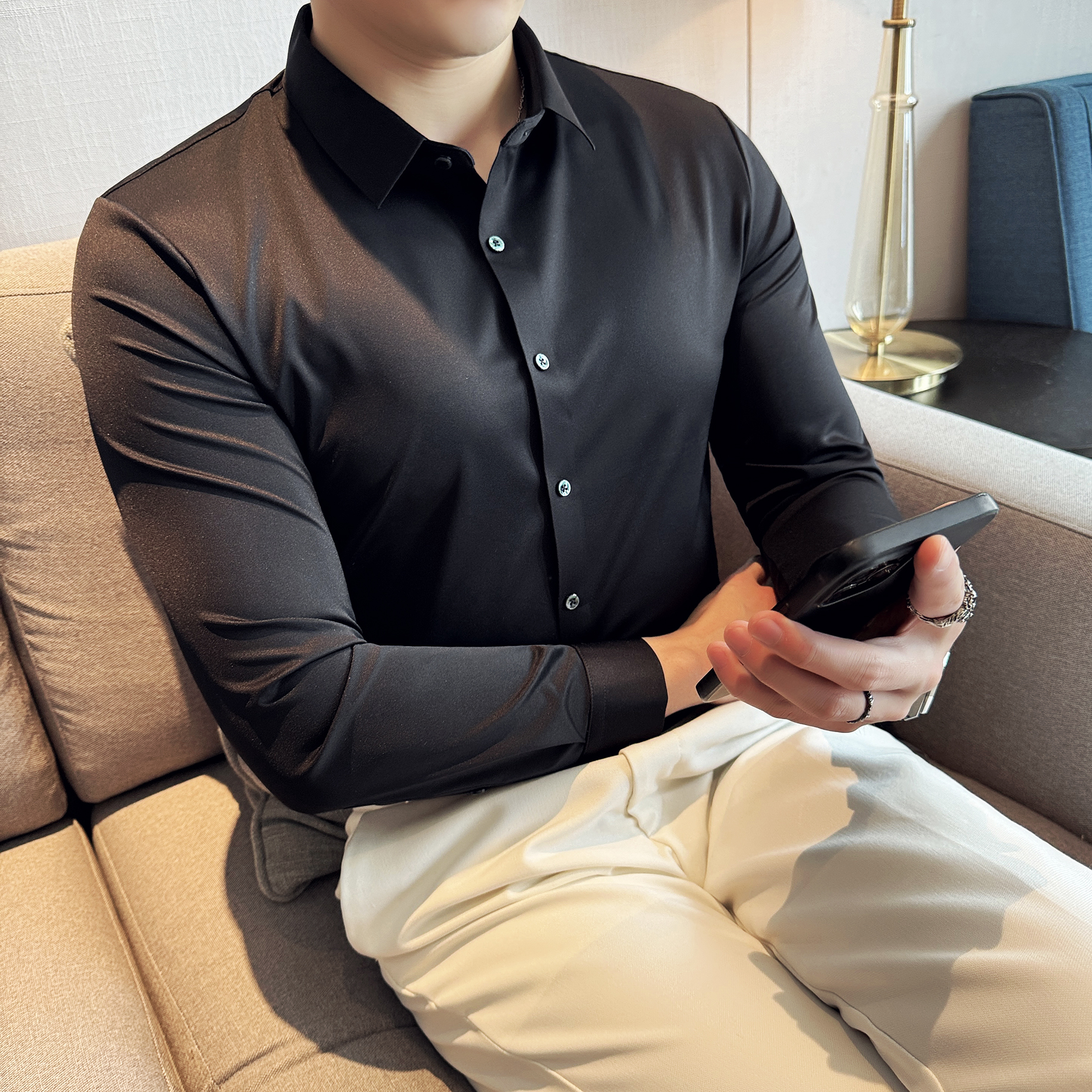 男士高档5A抗菌衬衫修身气质三防黑科技衬衫纯色韩版精致潮流衬衫