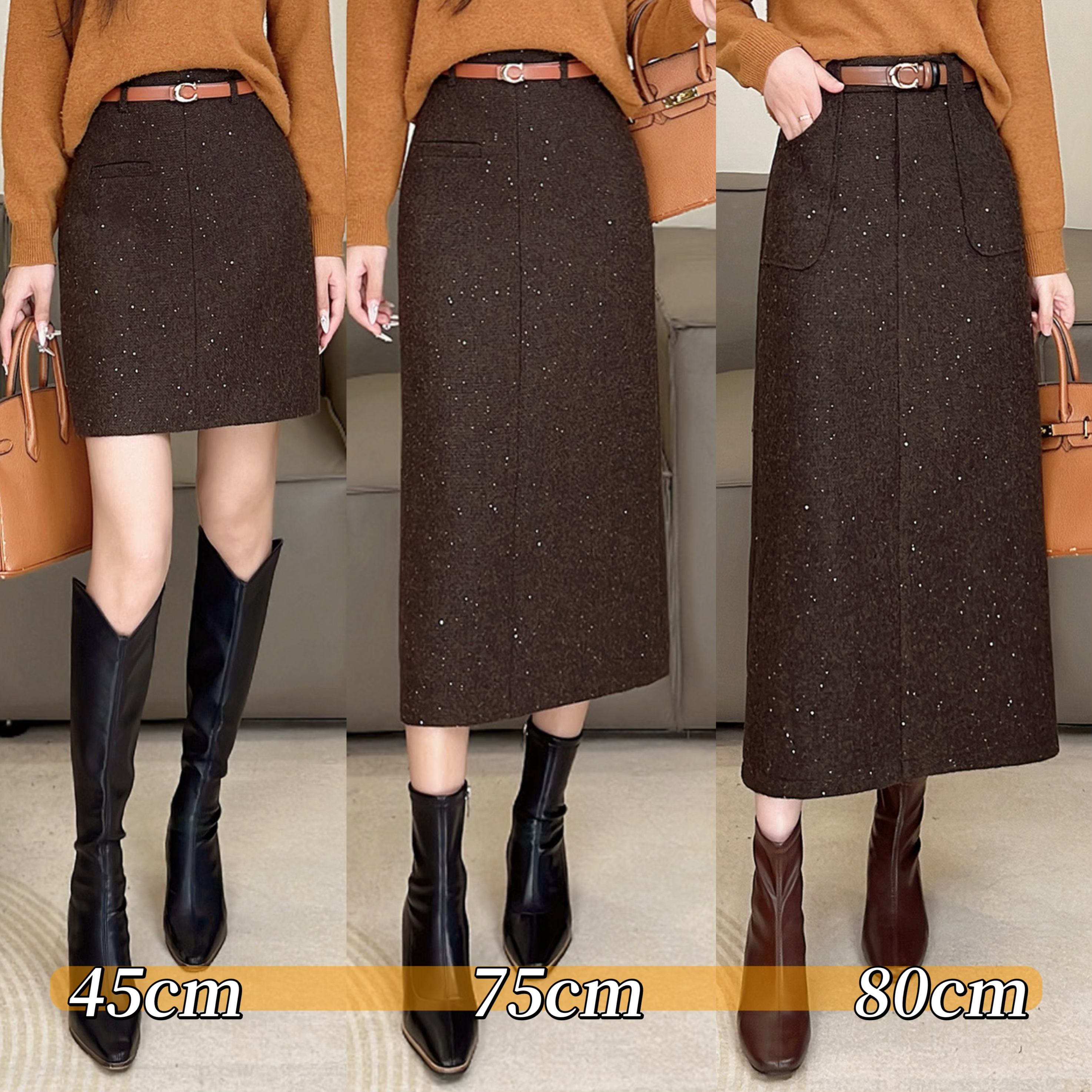 亮片羊毛呢半身裙秋冬新款设计感高腰直筒包臀裙小个子A字裙28672