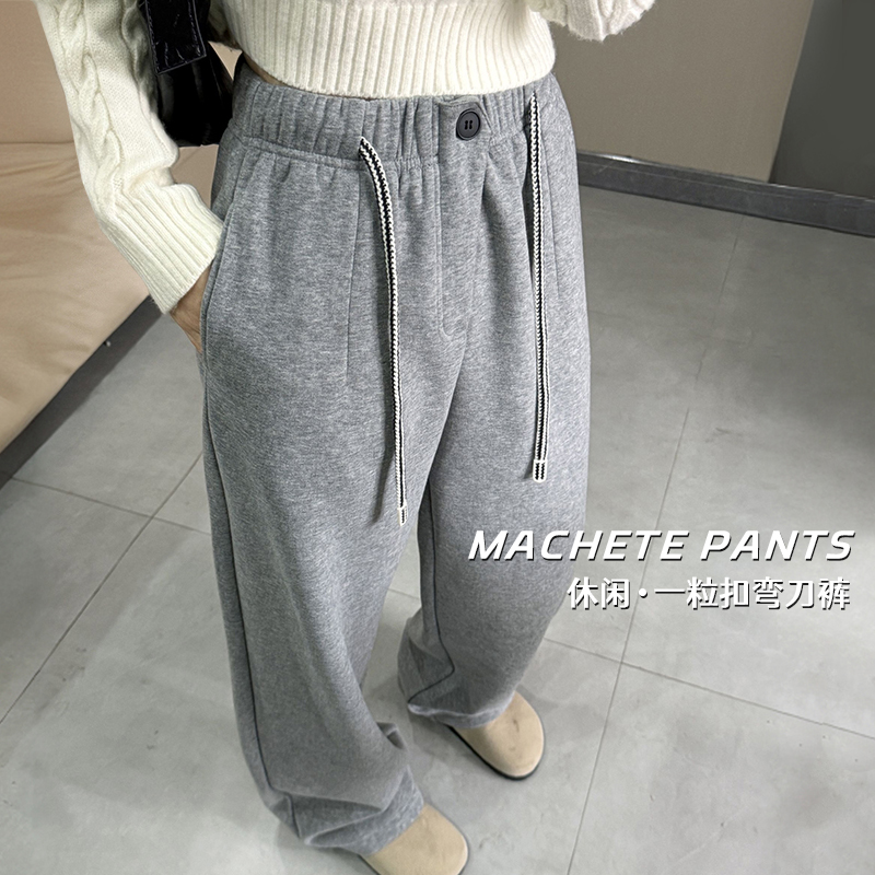 韩系设计感抽绳一粒扣休闲裤女冬季加绒高腰宽松显瘦百搭弯刀裤