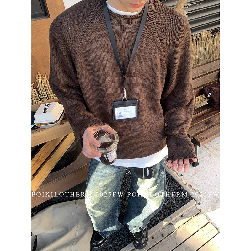 PLTH*格雷系灰色圆领毛衣男秋季cleanfit宽松休闲百搭针织衫上衣