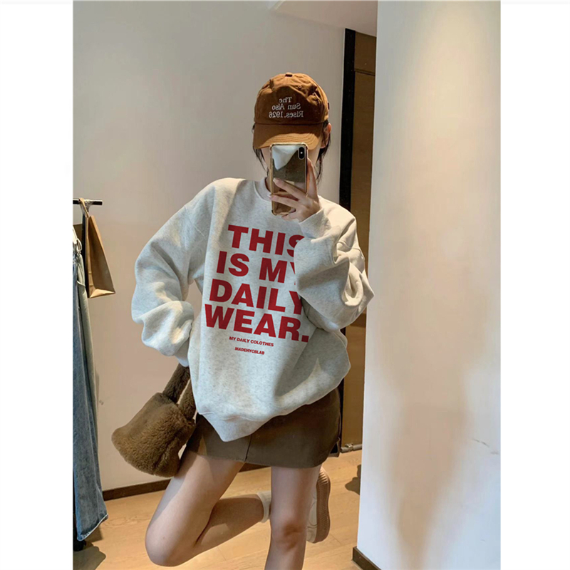 美式复古字母套头卫衣女秋冬季宽松慵懒风小众设计感加绒加厚上衣