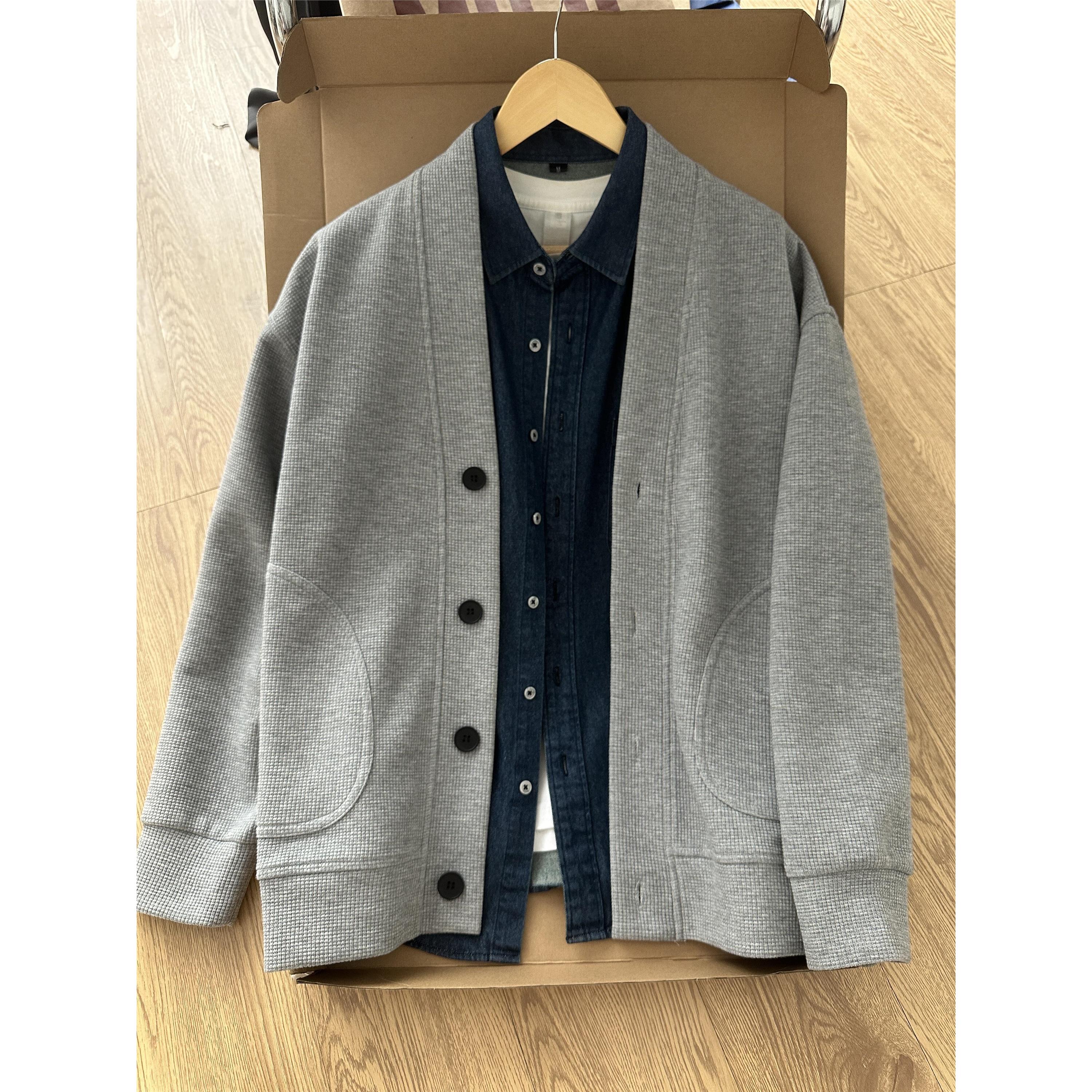 日系慵懒风外套男款秋季华夫格v领开衫卫衣cleanfit休闲情侣夹克