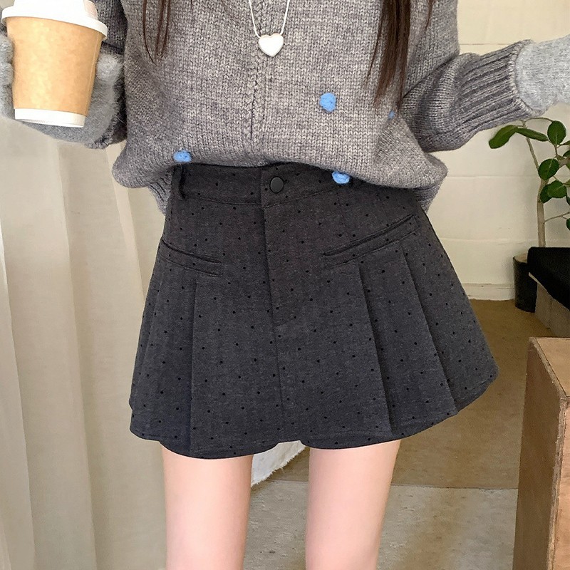 灰色波点毛呢半身裙女秋冬新款胖mm高腰显瘦防走光百褶短裙