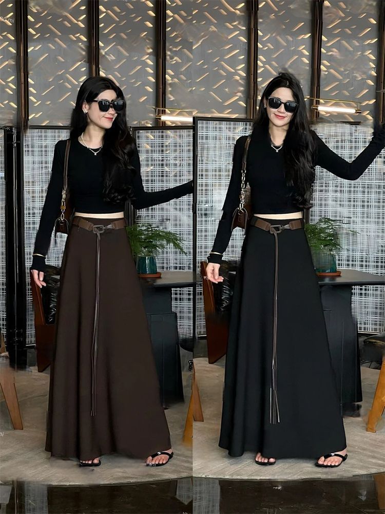 气质百搭高腰显瘦A字长裙女秋季新款复古宽松遮胯垂感半身裙