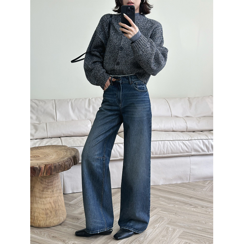 Choumei Home秋冬复古怀旧结构裤 设计师款流苏腰头阔腿牛仔裤女