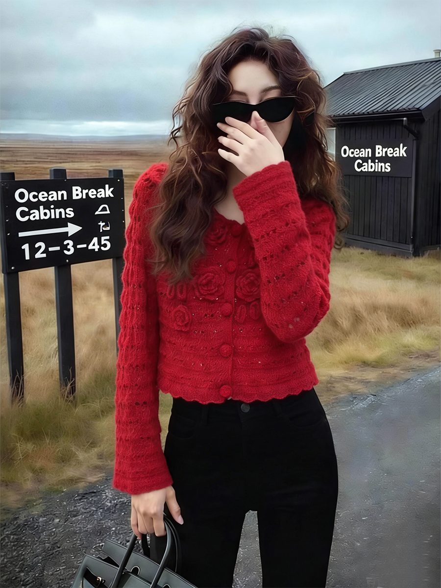 圣诞跨年红色立体花朵V领针织开衫女秋冬显瘦百搭毛衣高级感上衣