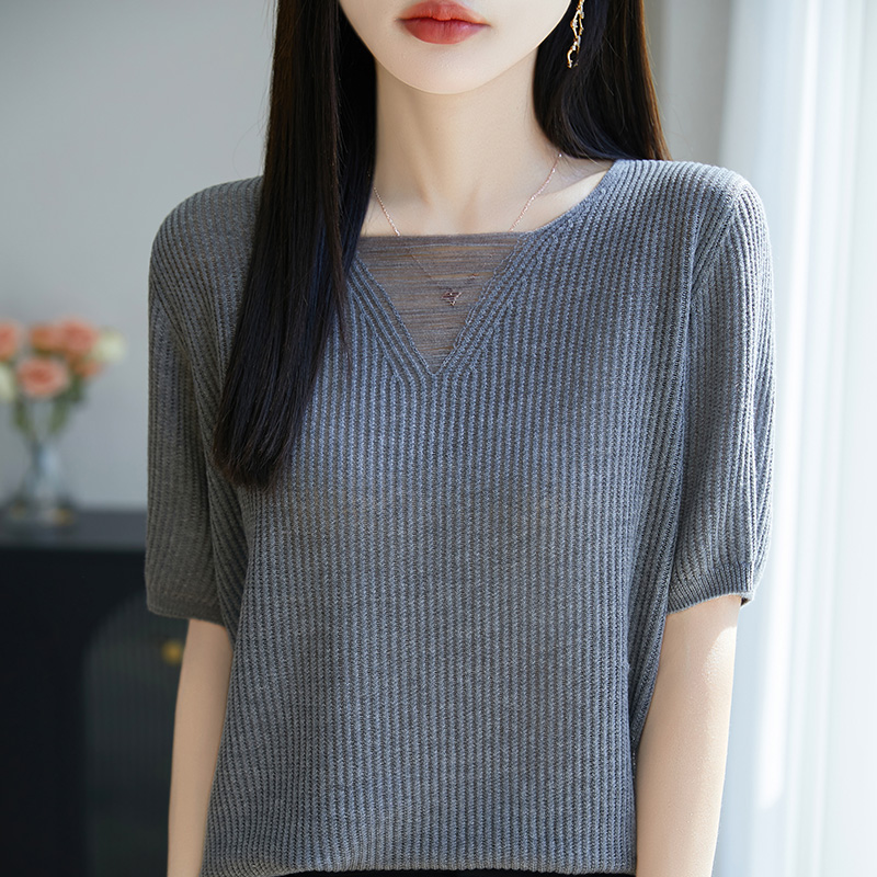 正品莱赛尔天丝夏季新款设计感镂空纯色短袖针织衫女百搭上衣T恤