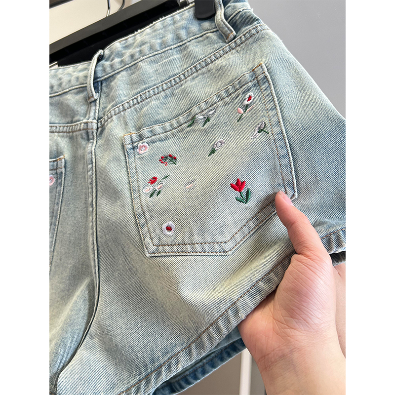 大码碎花刺绣复古牛仔短裤女2025夏季百搭高腰显瘦辣妹A字热裤子