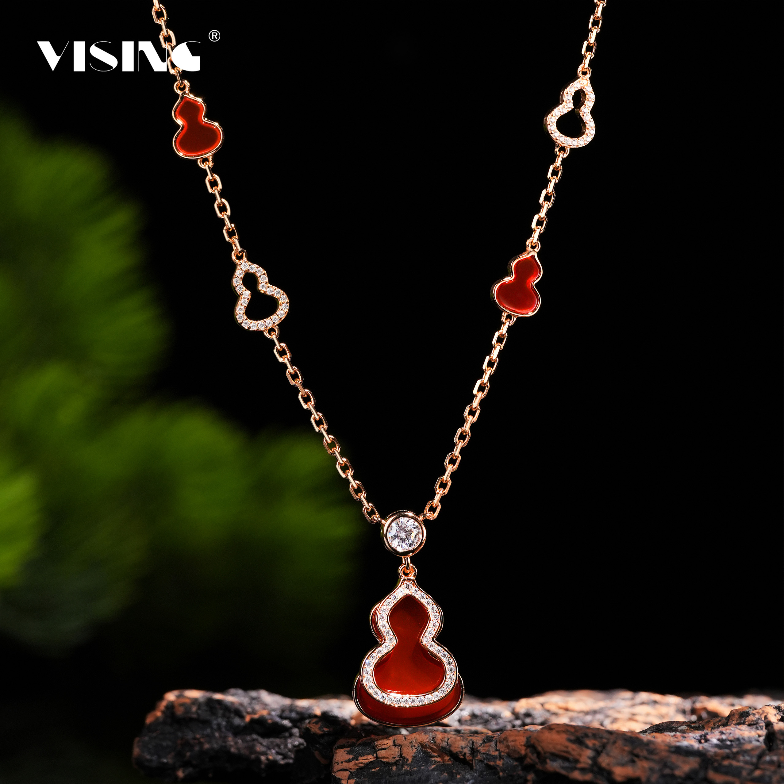 【福利】VISING珠宝天然红玛瑙玉髓葫芦玫瑰金色吊坠项链s925银
