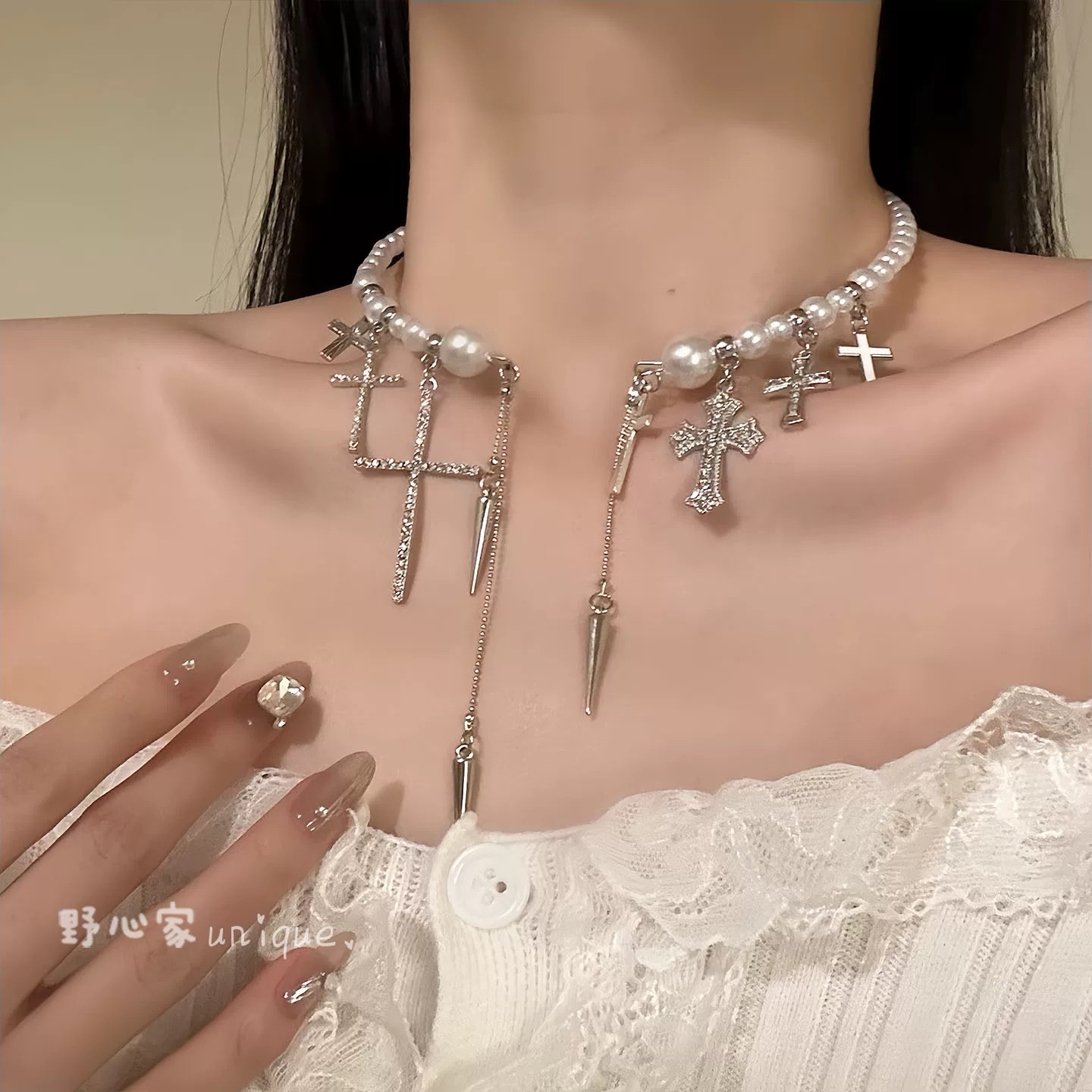 非金属仿水晶项链 【无序光】法式甜酷风十字架珍珠项链高级感颈链