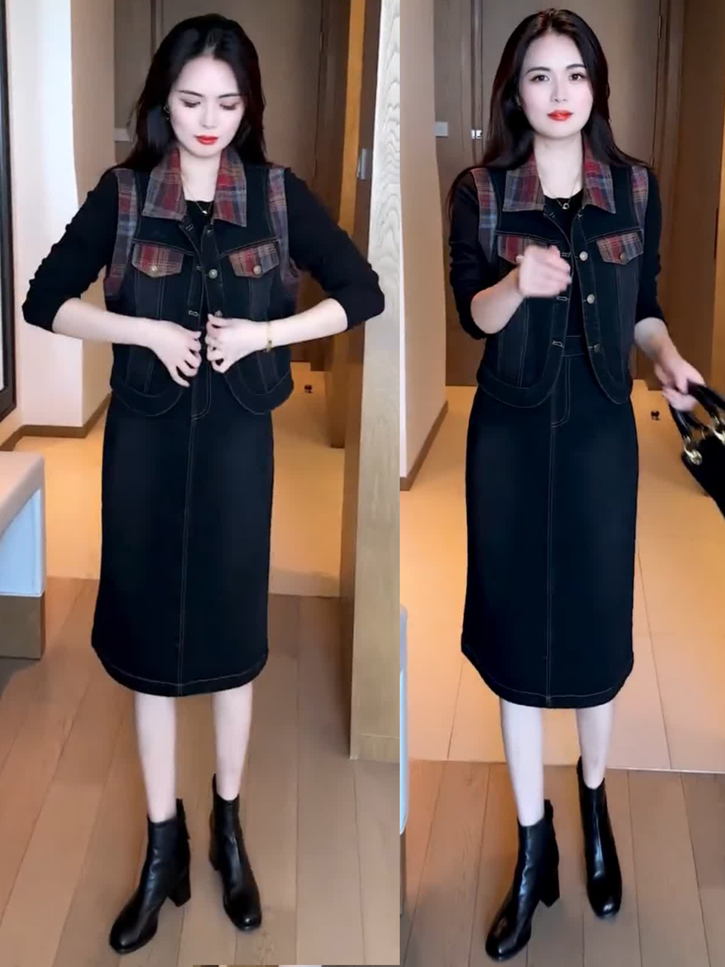 时尚格纹拼接牛仔套装裙女春秋新款韩版洋气质连衣裙+马甲两件套
