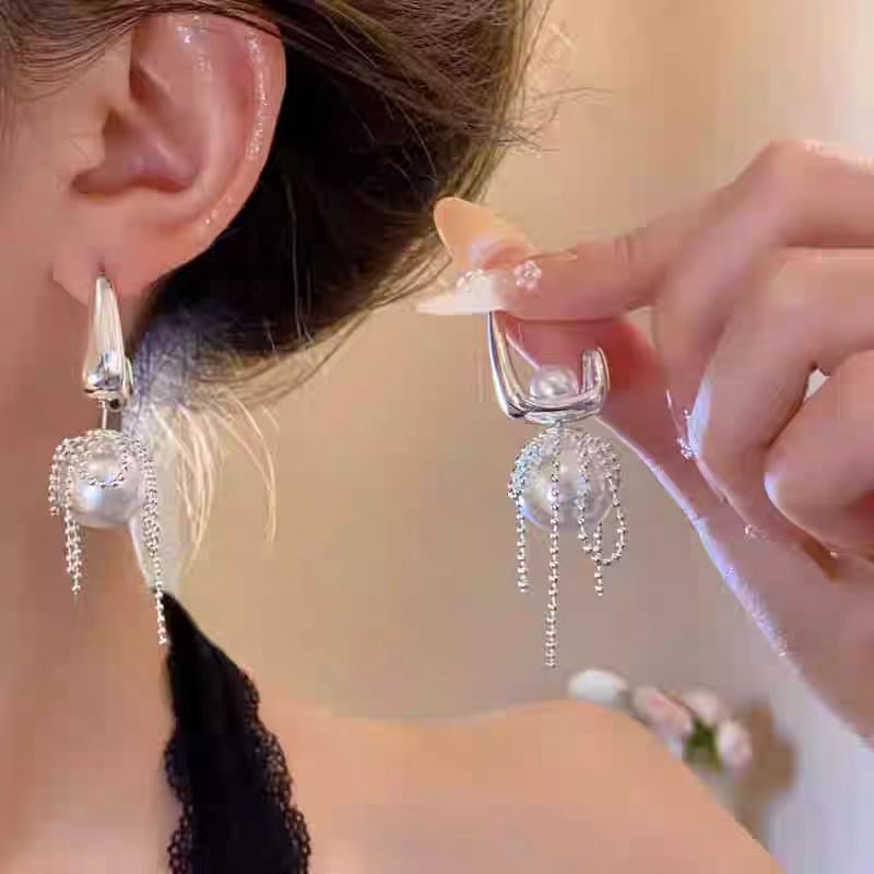 法式浪漫方形珠珠流苏耳环小众精致高级感耳钉时尚气质耳饰配饰品