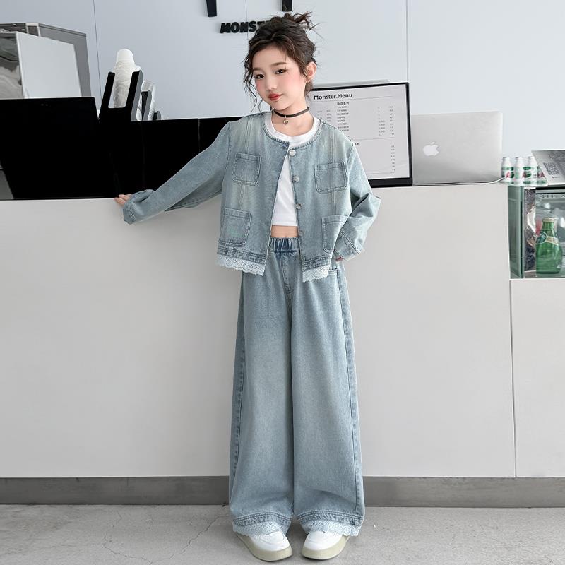 女大童牛仔套装秋季2025新款儿童洋气时髦春秋时尚女童阔腿裤秋装