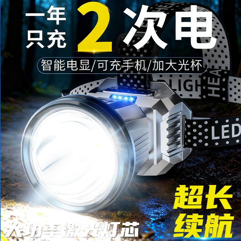 强光超亮可充电头戴式感应头灯适用于户外夜钓登山徒步工作矿灯