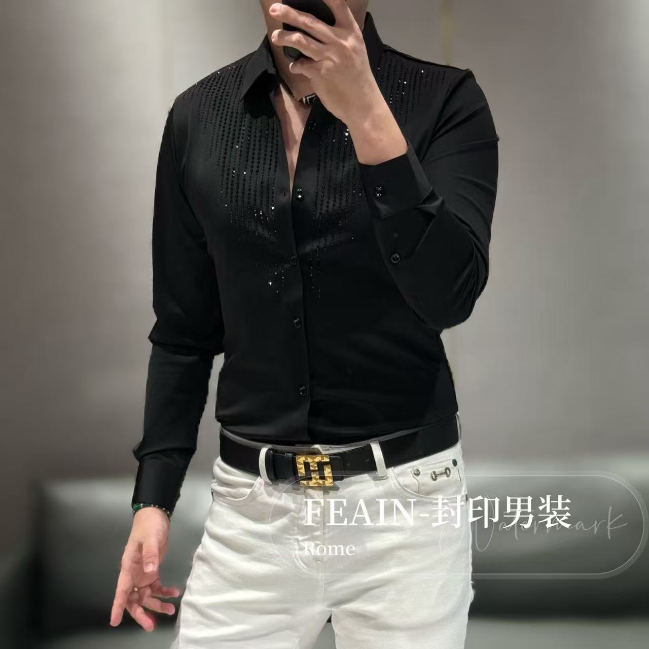 高端男士定制弹力莱卡满天星奥钻点缀长袖衬衫2575