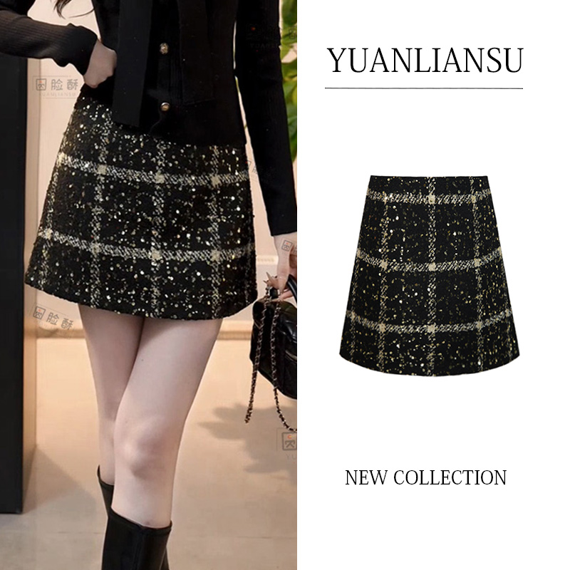 【花影迷蝶】秋冬法式时尚复古格纹亮片拼接半身裙女