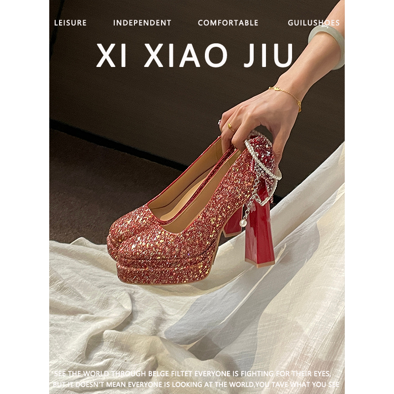 秀禾服婚鞋高跟鞋厚底防水台增高神器不累脚水钻蝴蝶结红色新娘鞋