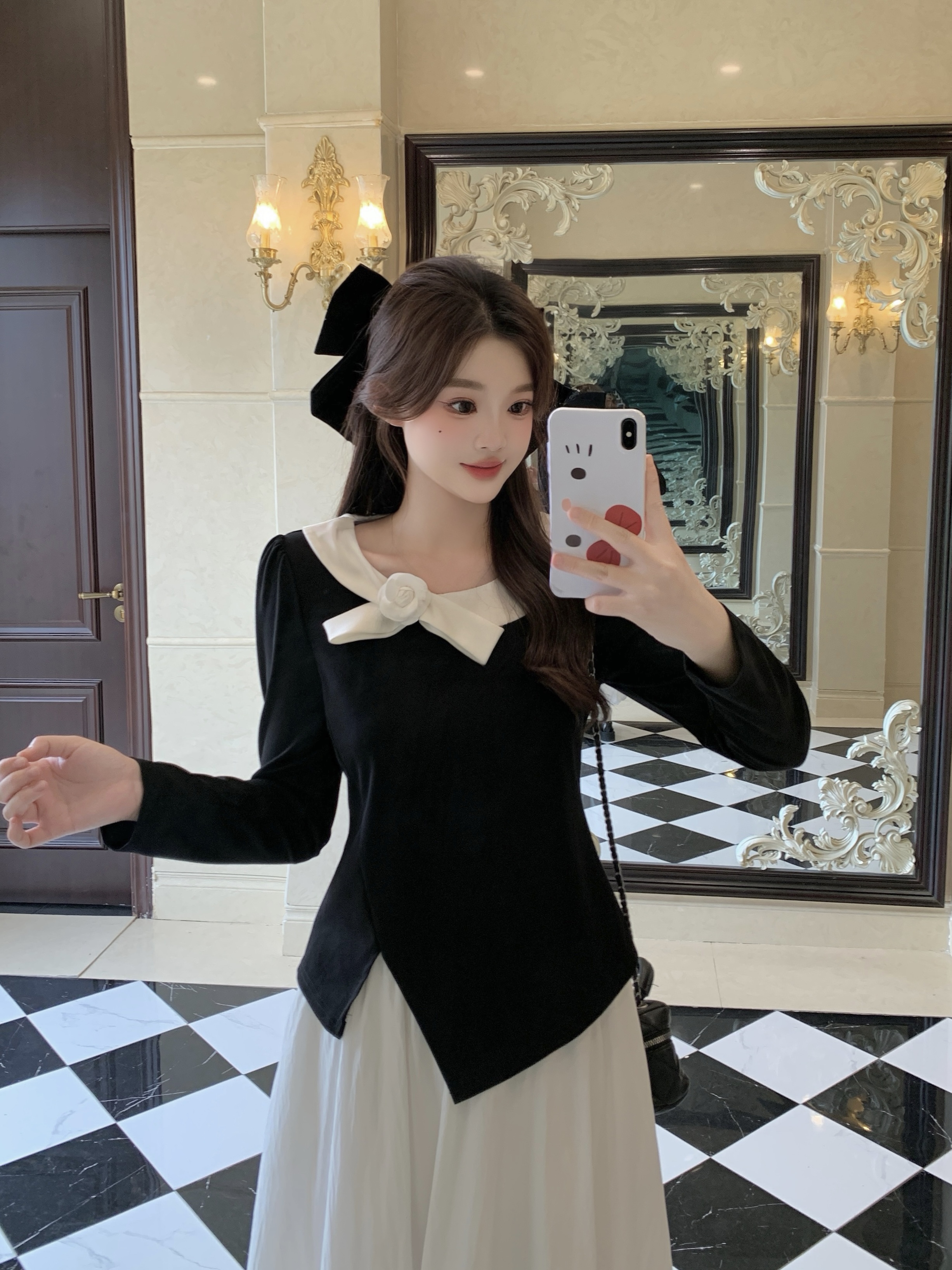 2025秋季大码胖mm法式千金风撞色长袖上衣女不规则开叉T恤80426