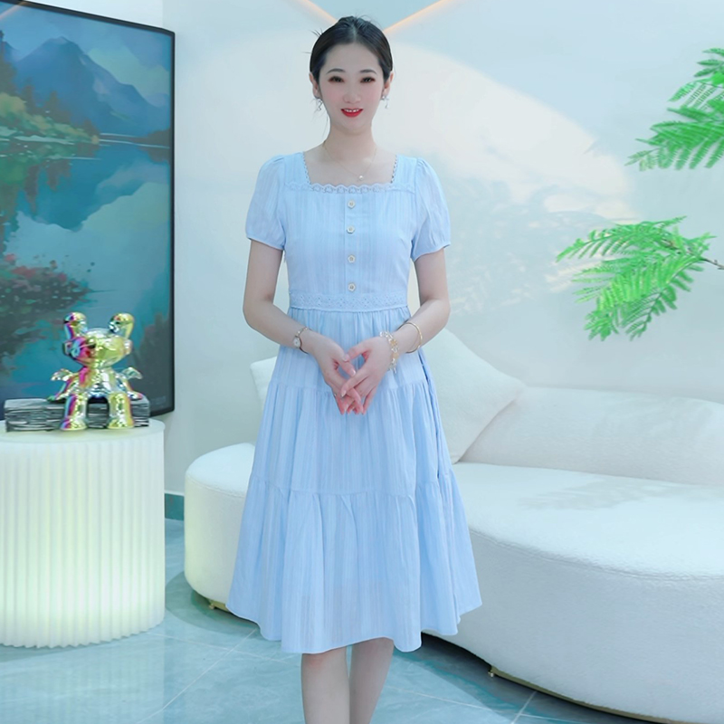 夏季2025时尚连衣裙气质显瘦小个子白色蓝色收腰简约裙子3036