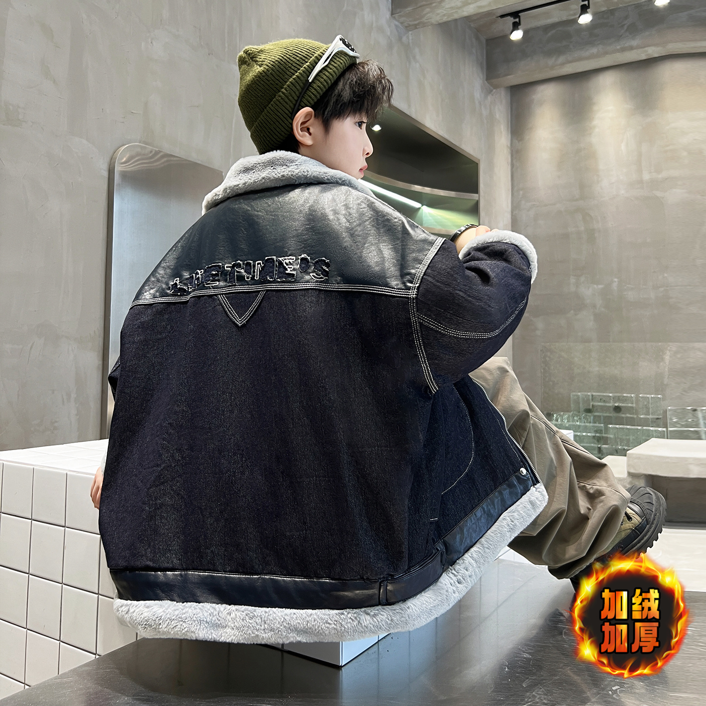 男童加绒外套一体绒2025新款儿童秋冬装夹克中大童牛仔上衣加厚潮