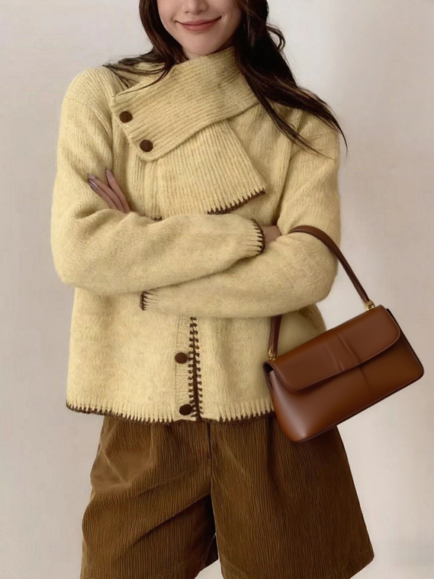 2025秋冬新款纯色针织开衫带围脖韩系撞色外搭上衣女套装毛衣外套