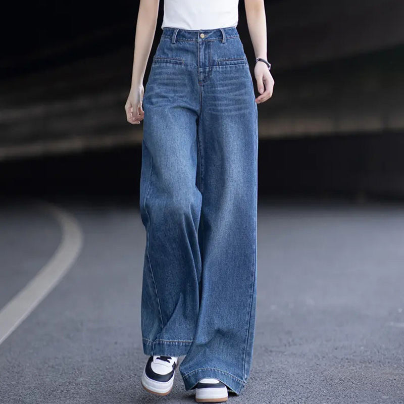 时尚高级感宽松直筒牛仔裤女夏设计感口袋高腰显瘦阔腿裤百搭长裤