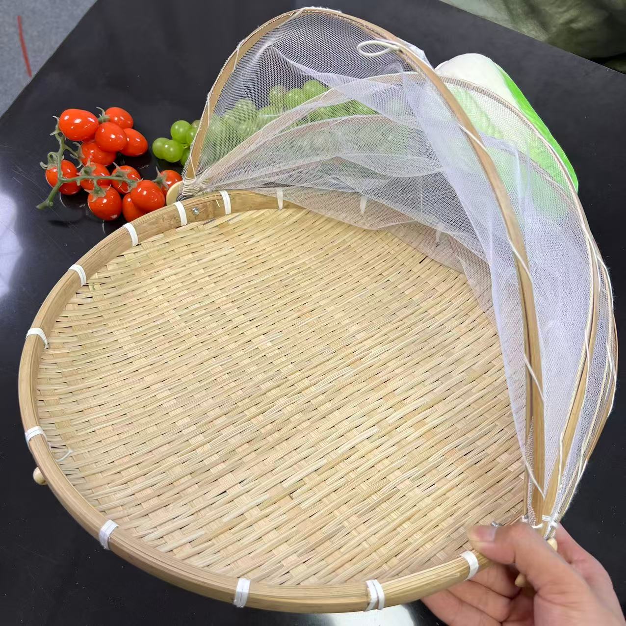 A9981（加大号网纱）竹编加大号网纱晾晒筐簸箕展示盘42公分
