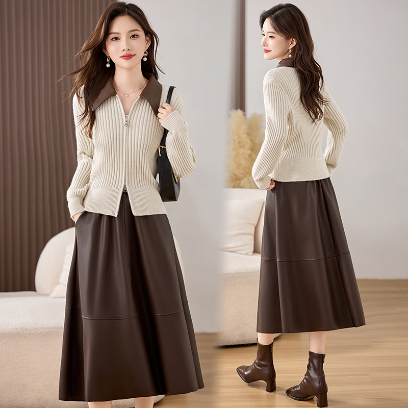 休闲时尚针织套装裙女2025秋冬新款时髦洋气pu皮拼接半身裙两件套