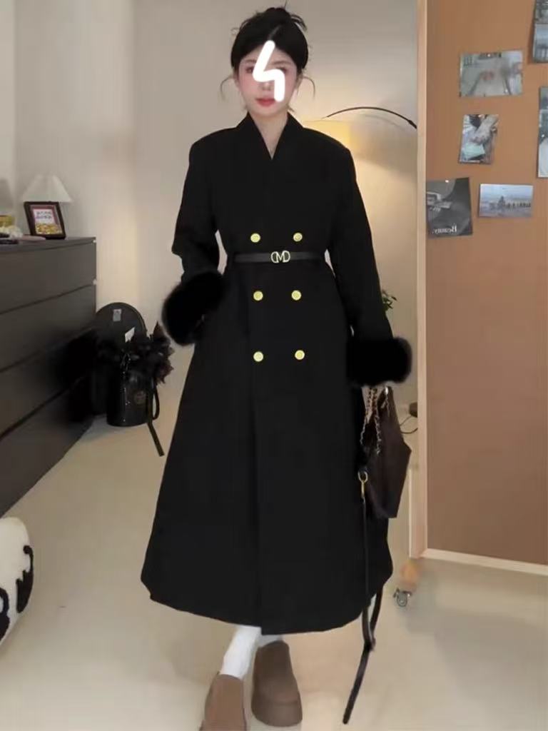 X198288-高级感长款毛毛袖外套女2025冬季气质收腰夹棉过膝大衣