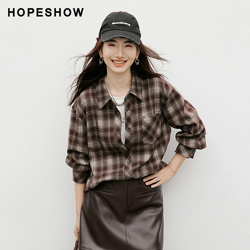 红袖2025冬季女装 撞色格纹不对称单排扣落肩翻领衬衫90125320306