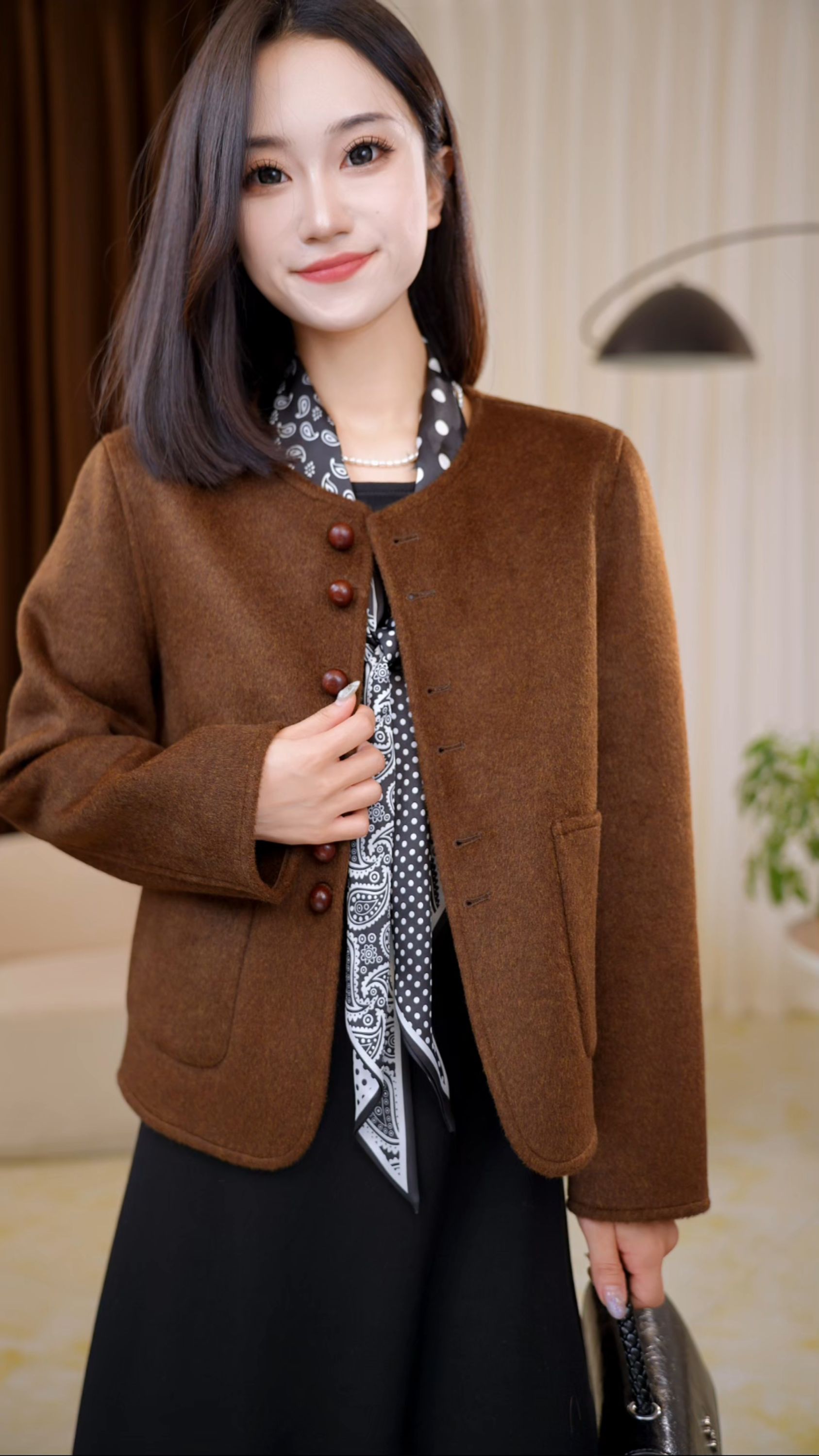 （可可棕）8925秋冬韩系高级感气质百搭小香风毛呢外套潮轻奢时尚