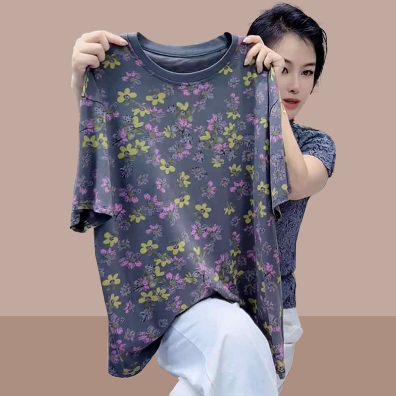 2025夏季新款女士休闲大码减龄高级小雏菊上衣碎花圆领短袖T恤潮