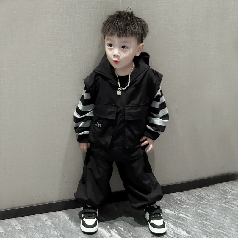 儿童套装男童秋装2025新款痞帅洋气宝宝春秋韩版马甲卫衣三件套潮