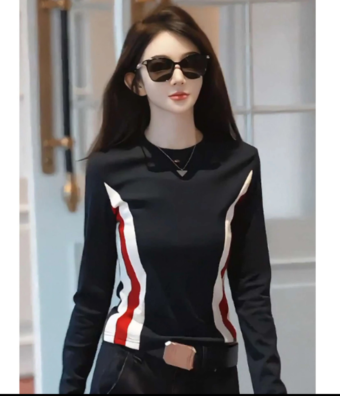 早秋新款高弹力精梳棉长袖T恤女修身显瘦撞色拼接休闲上衣