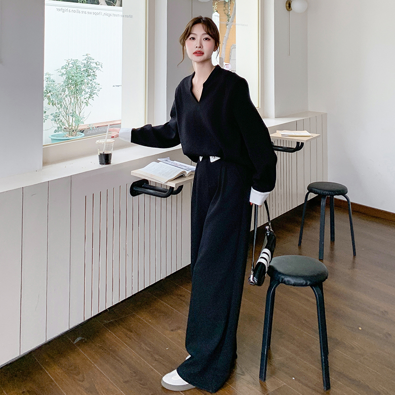 撞色拼接黑色上衣阔腿裤套装女2025春秋新款大方得体巨好看两件套
