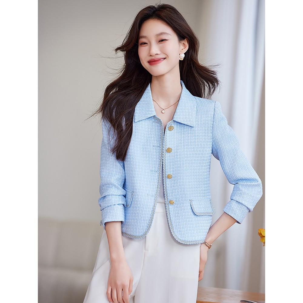 蓝色小香风外套女2025新款春秋气质高级感名媛小个子短款上衣西装