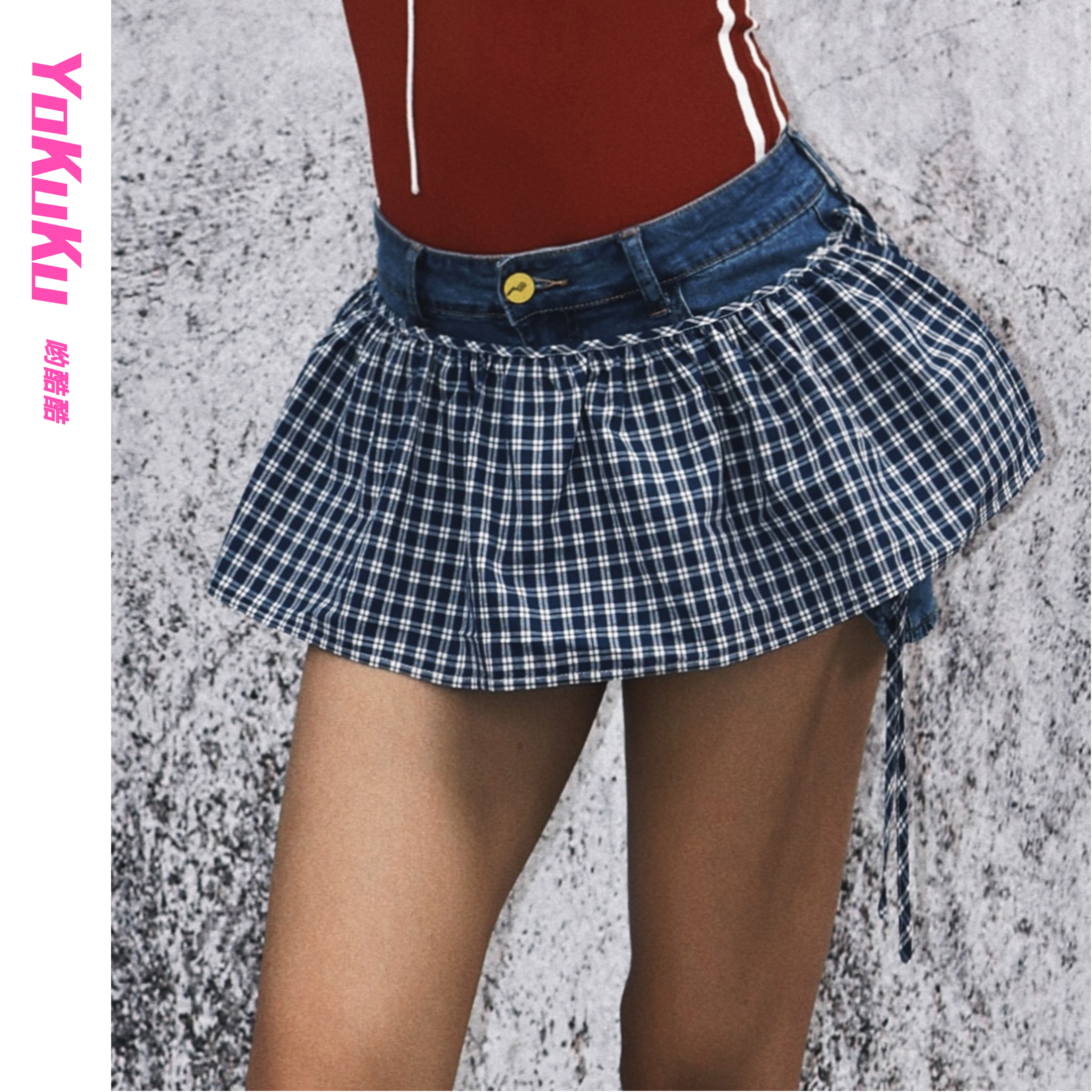 哟酷酷（褶皱银河）复古一片式叠穿格纹系带百搭半身配饰裙1