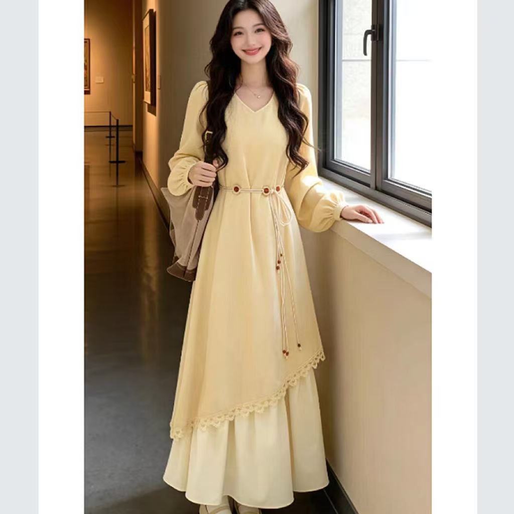 大码秋冬法式温柔风气质连衣裙高级感感拼接假两件长裙9955