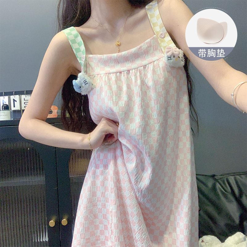 吊带睡裙女款夏季2025新款棉质带胸垫可爱卡通KT猫格子睡衣家居服