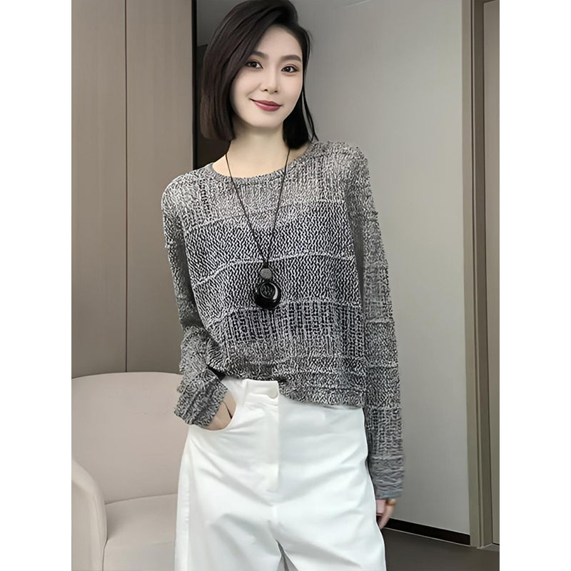 复古镂空设计感圆领长袖针织衫女2025新款早春宽松小个子洋气