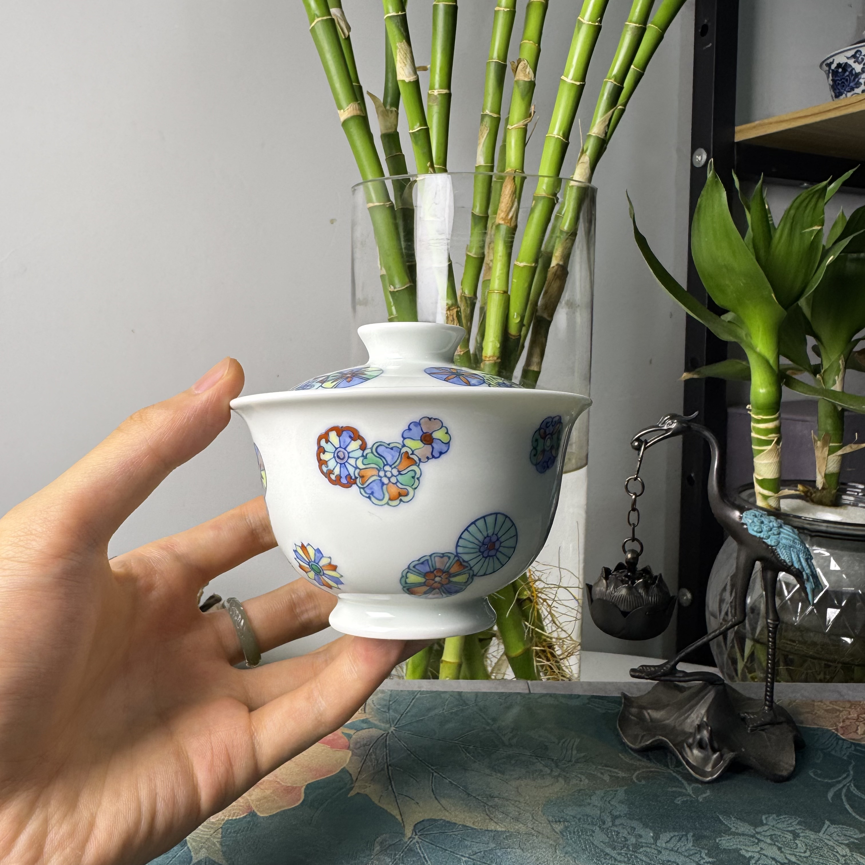 景德镇明逸堂斗彩纯手工皮球花盖碗茶杯瓷盖碗白瓷120ml茶具陶瓷