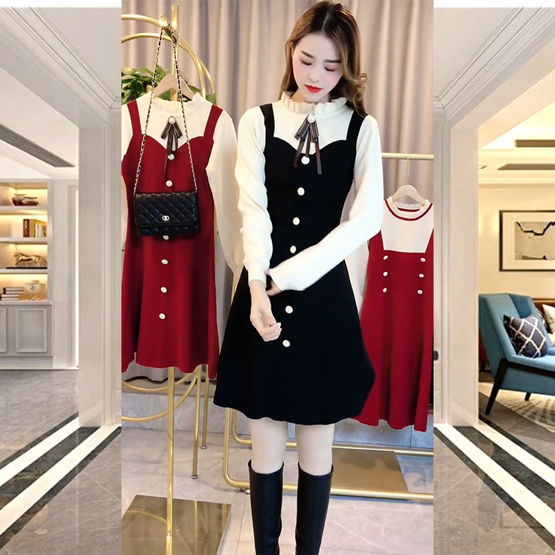 法式小香风假两件针织毛衣裙子女2025秋冬洋气减龄打底连衣裙气质