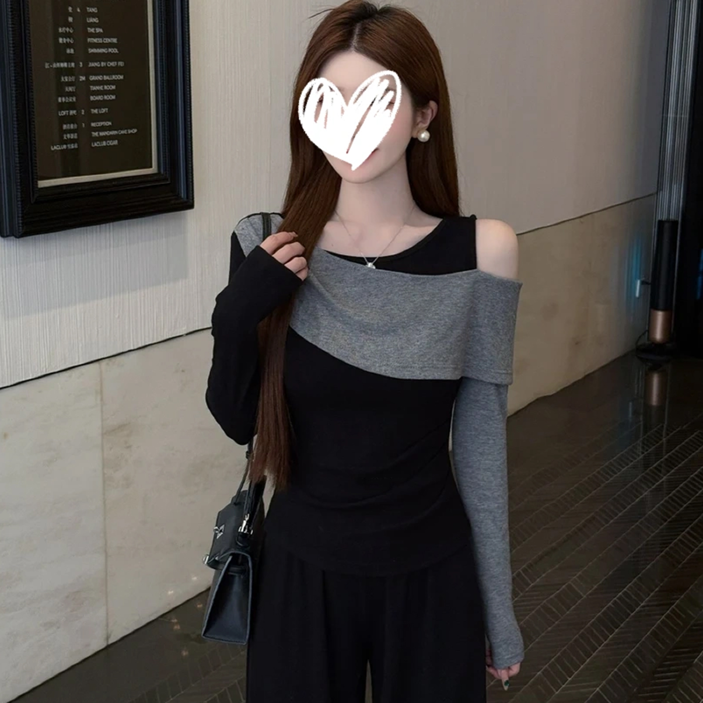 秋冬季韩版撞色拼接假两件设计感气质修身长袖打底T恤露肩上衣女