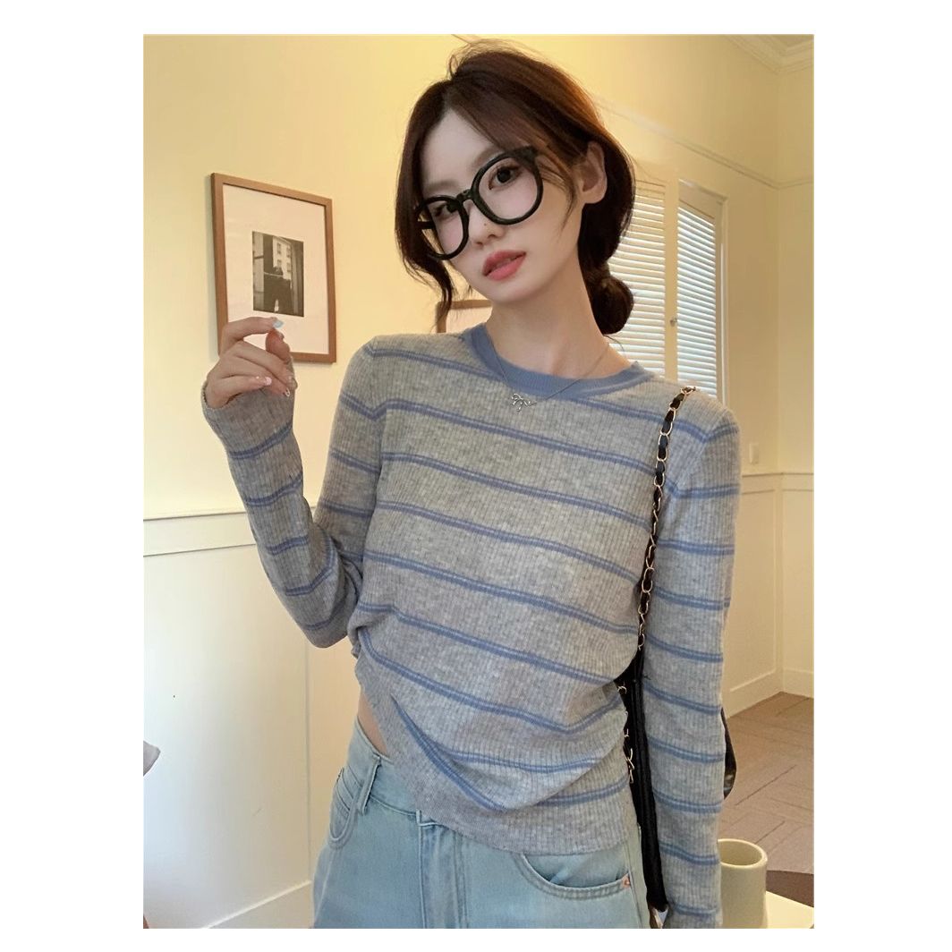 撞色条纹针织衫2026秋冬新款韩版修身圆领套头长袖打底毛衣I3-15
