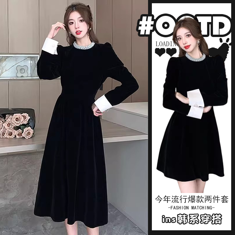 千金清冷感贵系衣服高级感轻奢高端撞色拼接丝绒连衣裙闺蜜长短裙