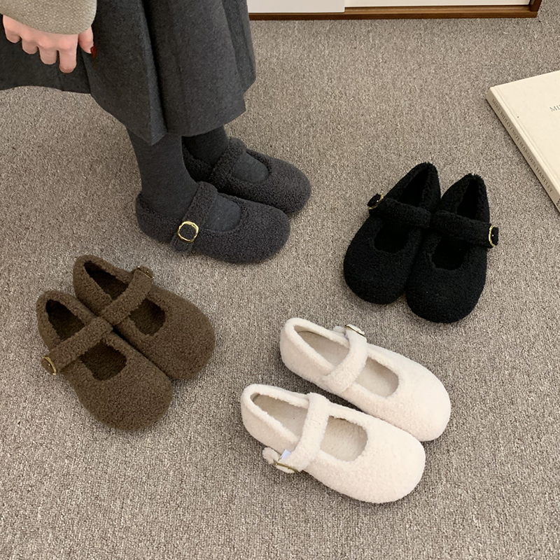 法式灰色玛丽珍毛毛鞋女款外穿秋冬新款韩版呢子平底加绒保暖棉鞋