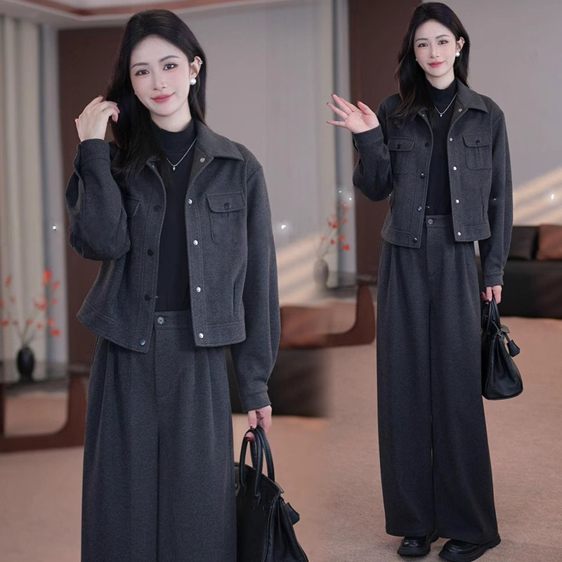 时尚套装女2025秋季新款洋气宽松显瘦毛呢短款外套阔腿裤两件套潮