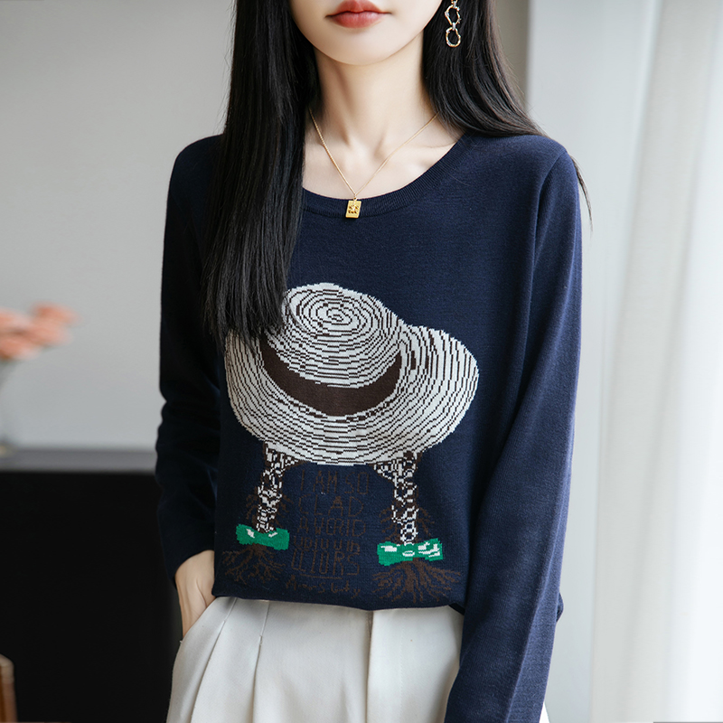 品牌时尚女装早秋时尚草帽女孩圆领精纺针织羊毛衫长袖上衣打底