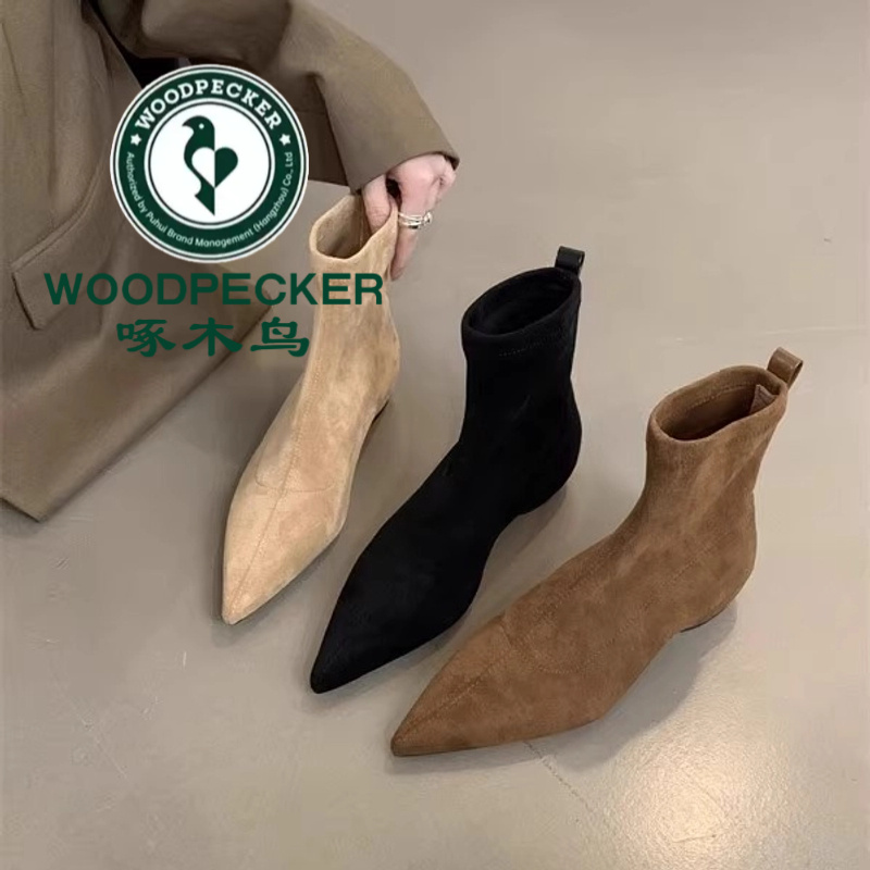 啄木鸟2025秋冬新款绒面内增高短靴通勤约会显瘦增高网红韩系尖头