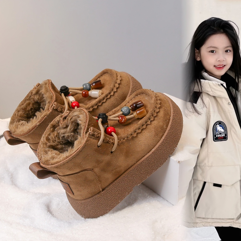 女童棉靴2025冬季新款休闲风民族风加绒加厚雪地靴子松紧带大棉鞋